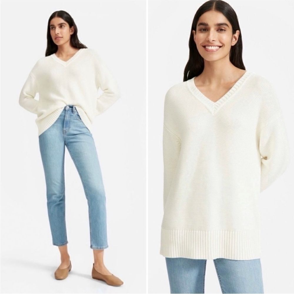 Everlane The Link Stitch V-Neck White All Cotton Pullover Sweater Size Small
